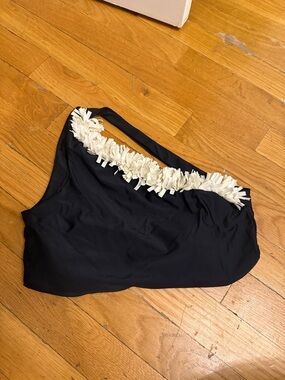 Summersalt Black One-Shoulder Swim Top with Cream Fringe Trim